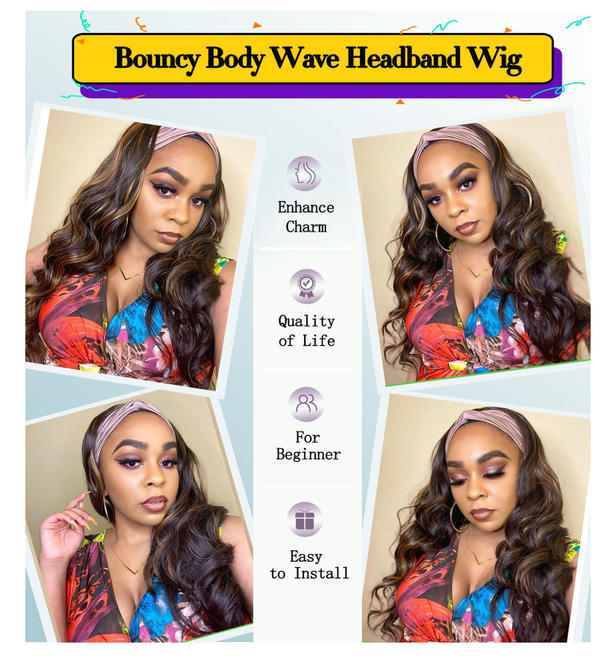 Long Body Wave Synthetic Headband Wig - Glueless 24 Inch for Black Women