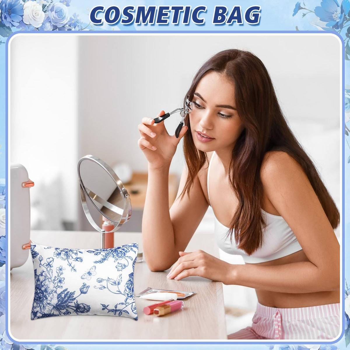 Floral Makeup Bags Set of 10 - Travel Cosmetic Organizer, Blue