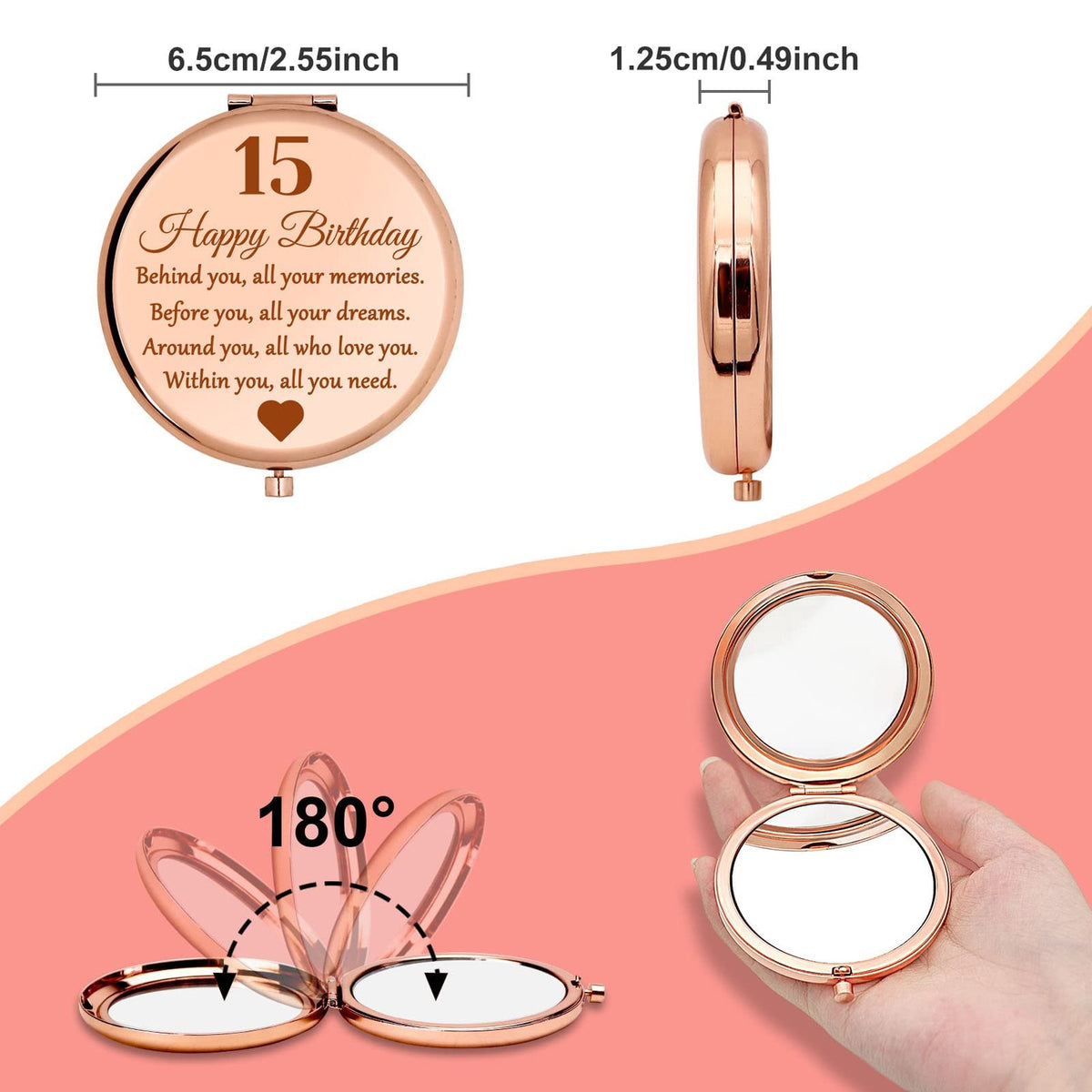 15th Birthday Compact Makeup Mirror Set - Round Stainless Steel, Portable & Stylish
