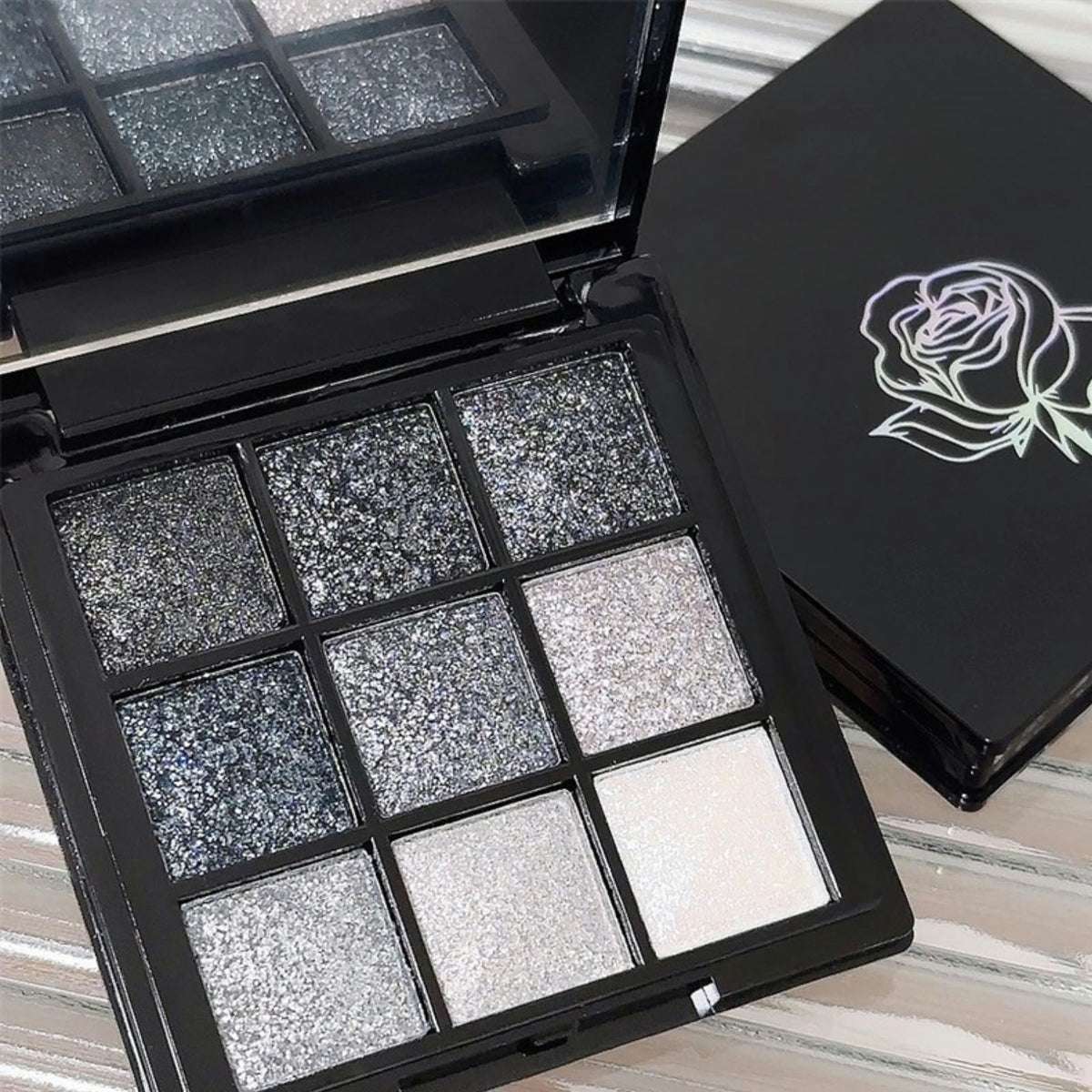 Glitter Eyeshadow Palette - 9 Colors, Waterproof & Long-Lasting, Black Silver