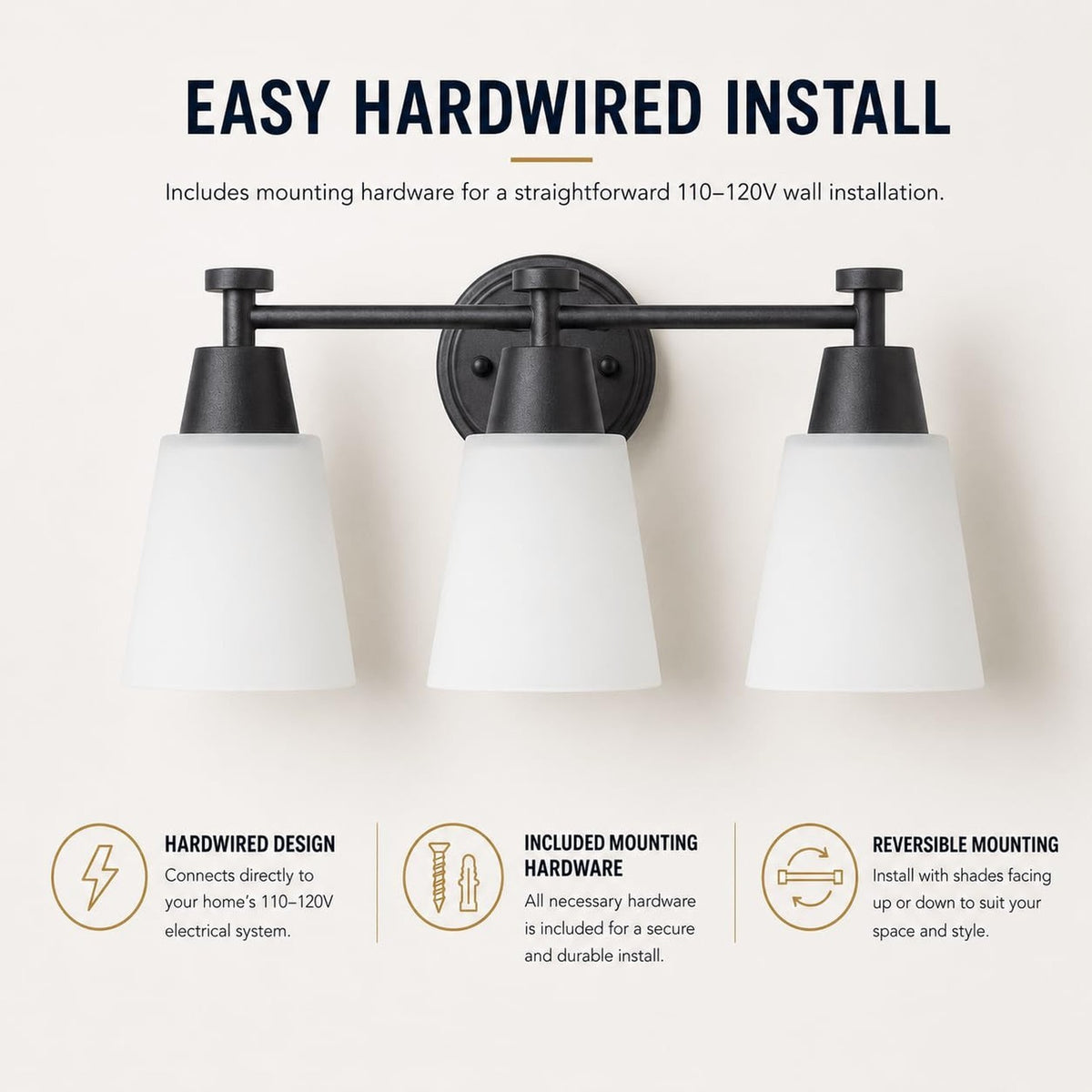3-Light Bathroom Vanity Light Fixture Matte Black Stainless Steel Frosted Glass Wall Sconce