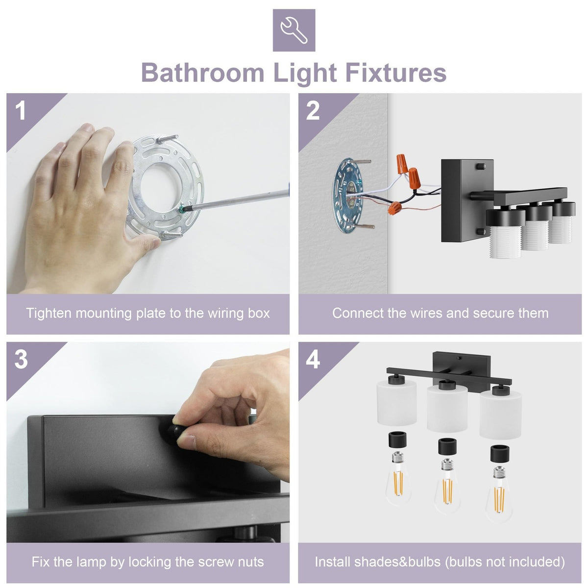Black Bathroom Vanity Light Fixture - 3 LED Frosted Glass Wall Sconce