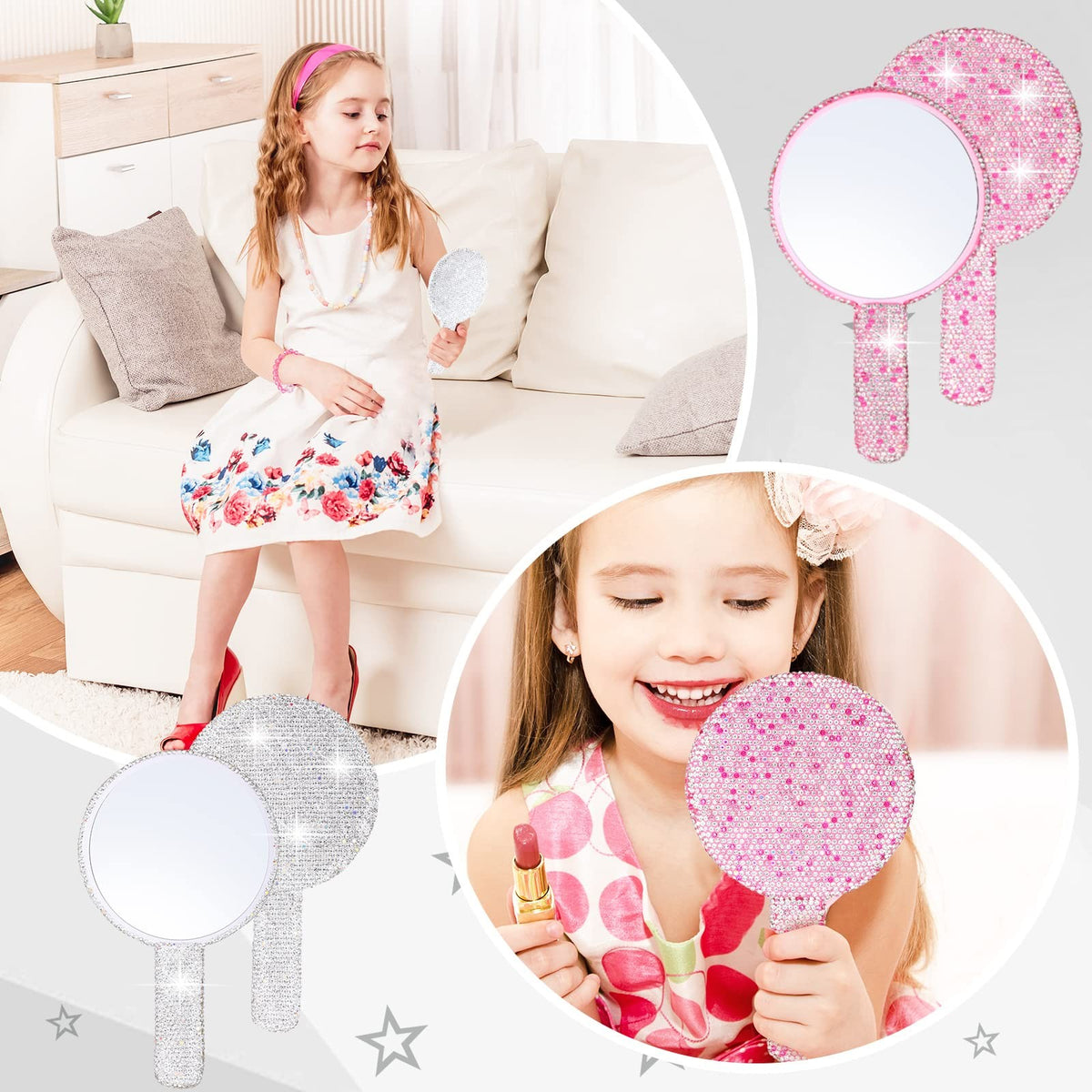 2-Piece Rhinestone Hand Mirror Set Pink White Bling Wedding Makeup Accessories