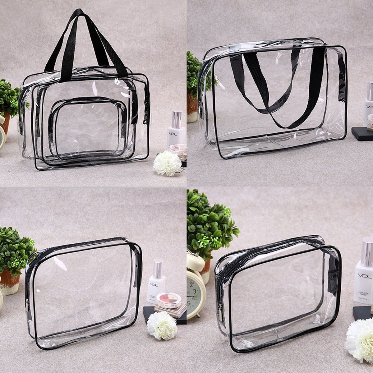 3 Pack Transparent PVC Travel Toiletry Cosmetic Bag Set Waterproof Organizer