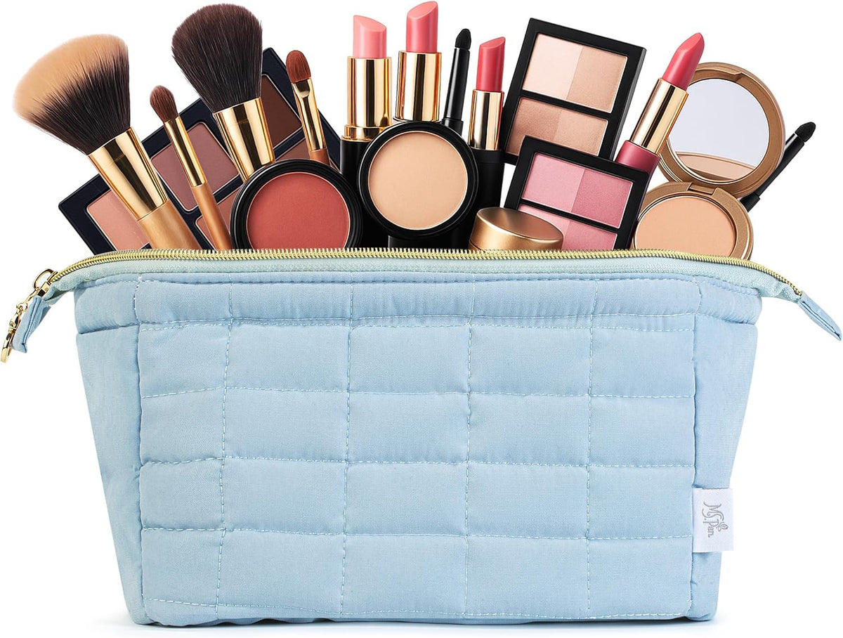 Dusty Blue Aesthetic Quilted Makeup Bag for Women by Ms. Pen