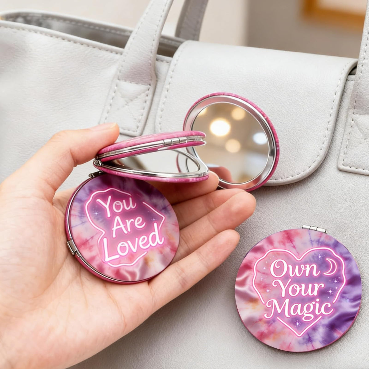 Neon Heart Travel Compact Mirror with 'You Are Loved' - Pink Pocket Mirror