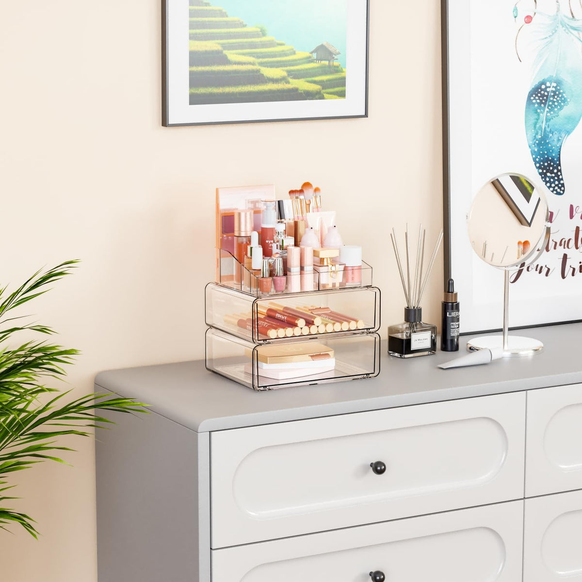 Acrylic Makeup Organizer with Drawers and Compartments - Clear Countertop Storage