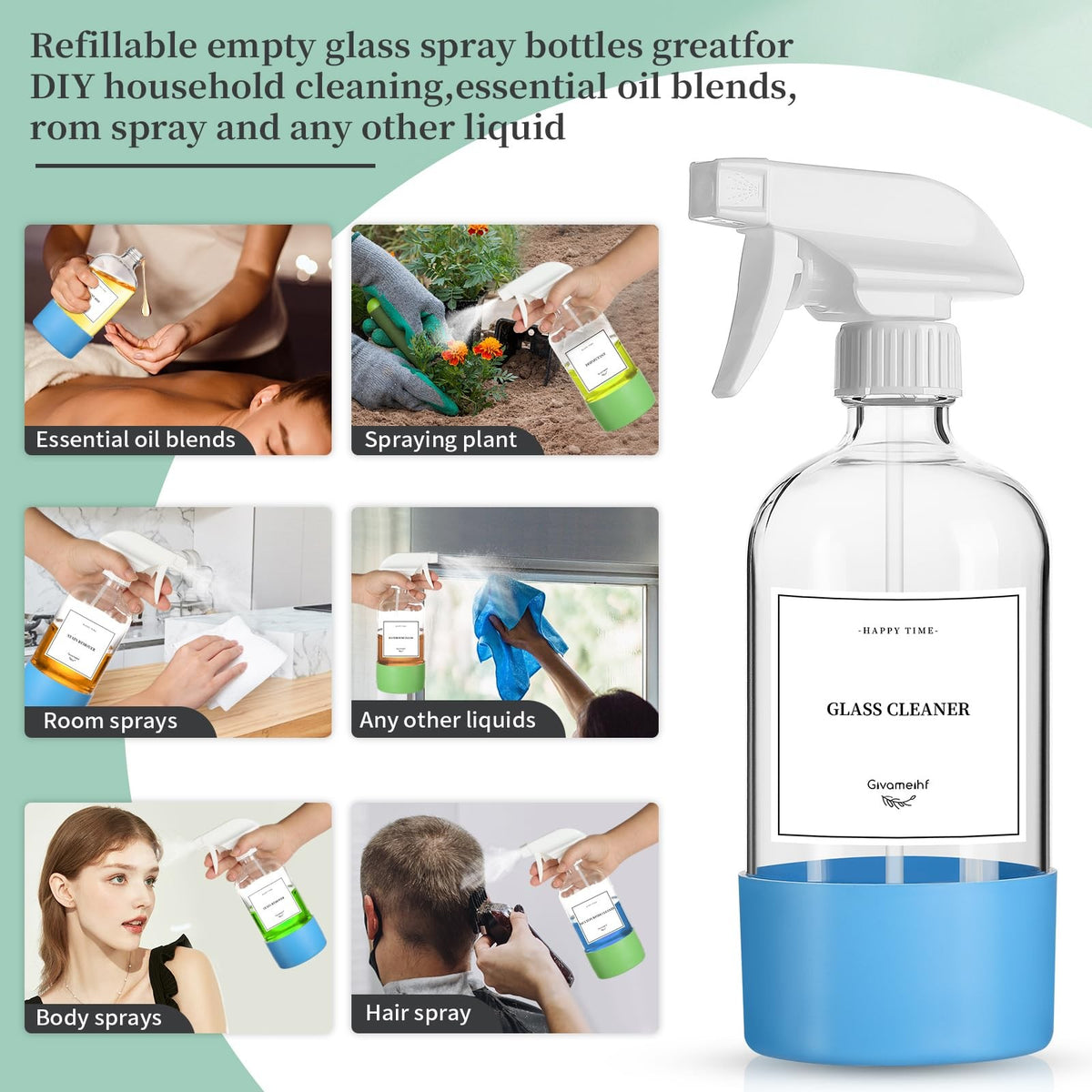 16 Oz Glass Spray Bottles Set with Silicone Sleeves & Adjustable Nozzle