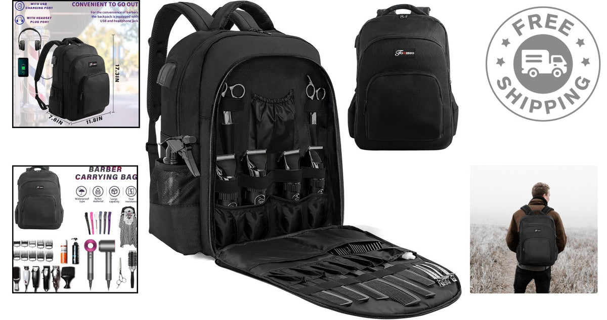 Professional Barber Supplies Backpack - Water Resistant, Large Capacity, USB Charging