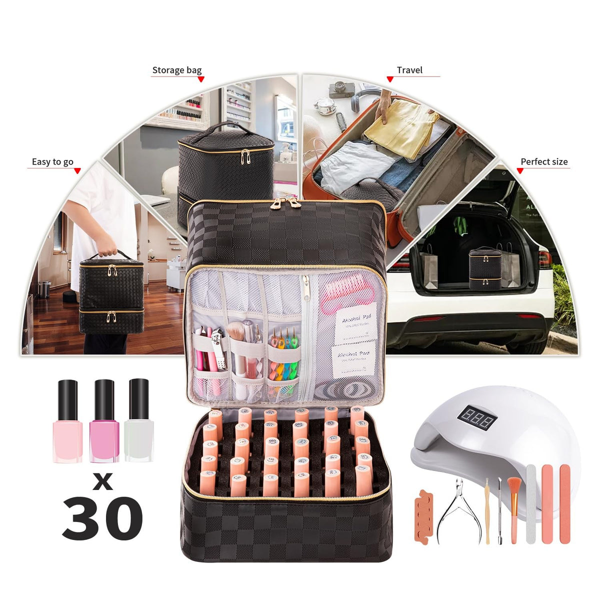 Portable Nail Polish Organizer Bag with UV Light Case - Travel Manicure Storage