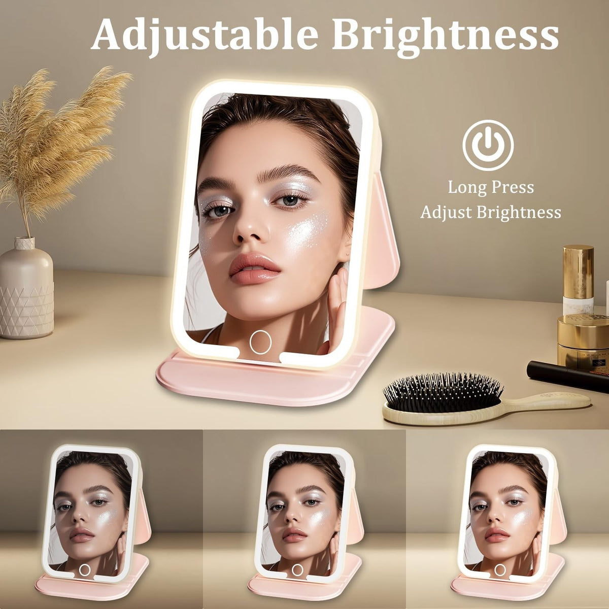 Rechargeable LED Travel Mirror with Lights, Dimmable Touch Screen - Pink