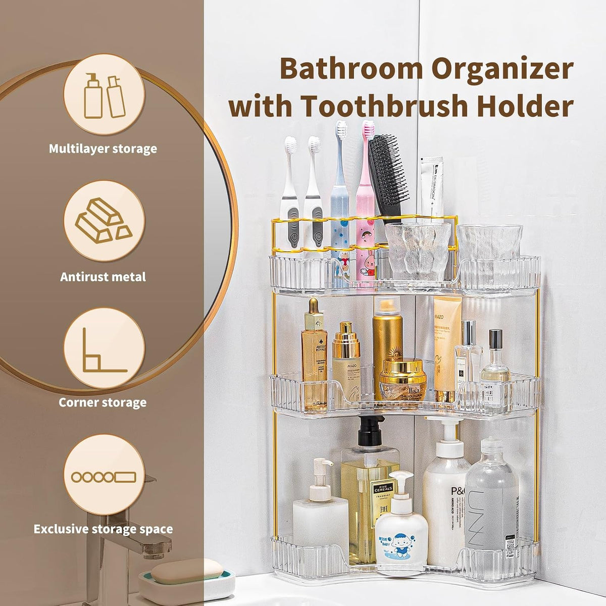 3 Tier Bathroom Makeup Organizer with Brush Holder, Corner Storage