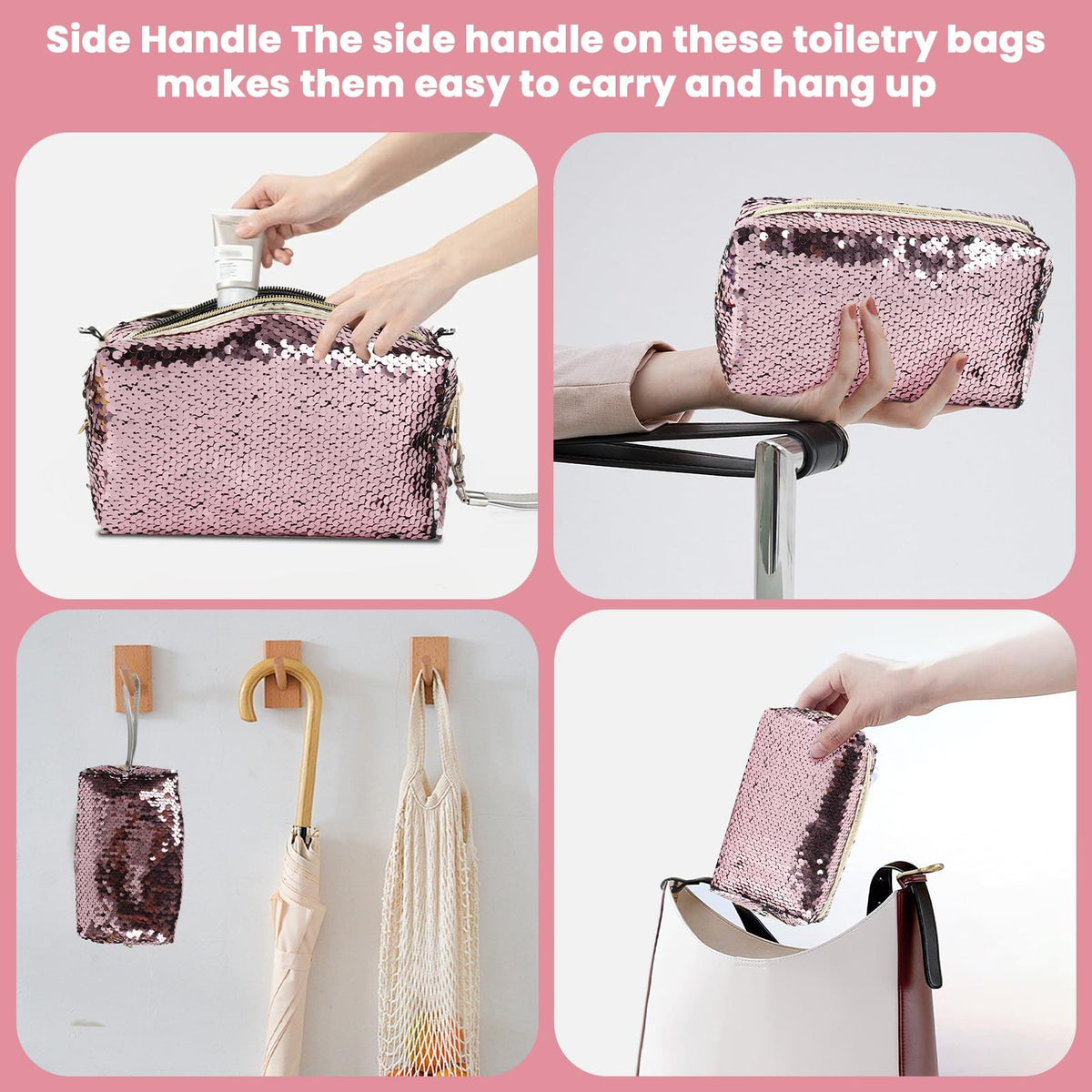Travel Cosmetic Bag Sequin Makeup Pouch Waterproof Pink