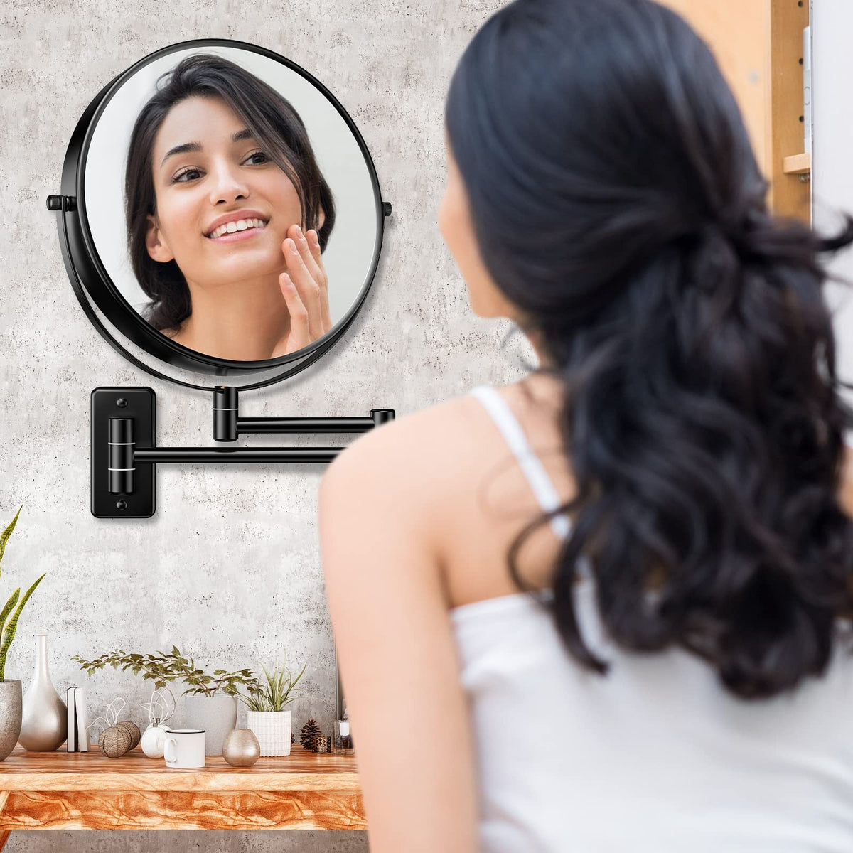Large Wall Mounted Makeup Mirror 9 Inch 1X/10X Magnification with Extendable Arm
