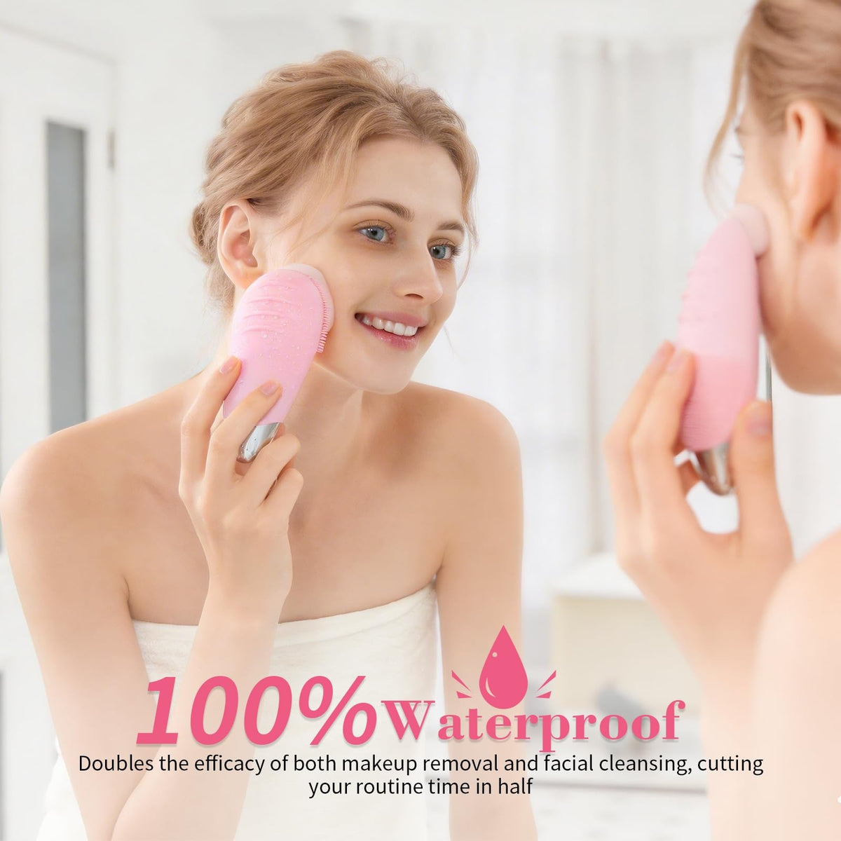 Rechargeable Silicone Facial Cleansing Brush with 5 Pink Modes & Metal Massage Head