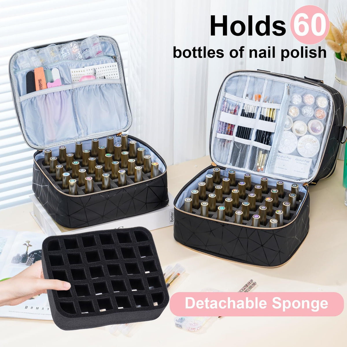 Large Nail Polish Organizer with 3 Layers, Travel Storage Bag for Manicure Supplies