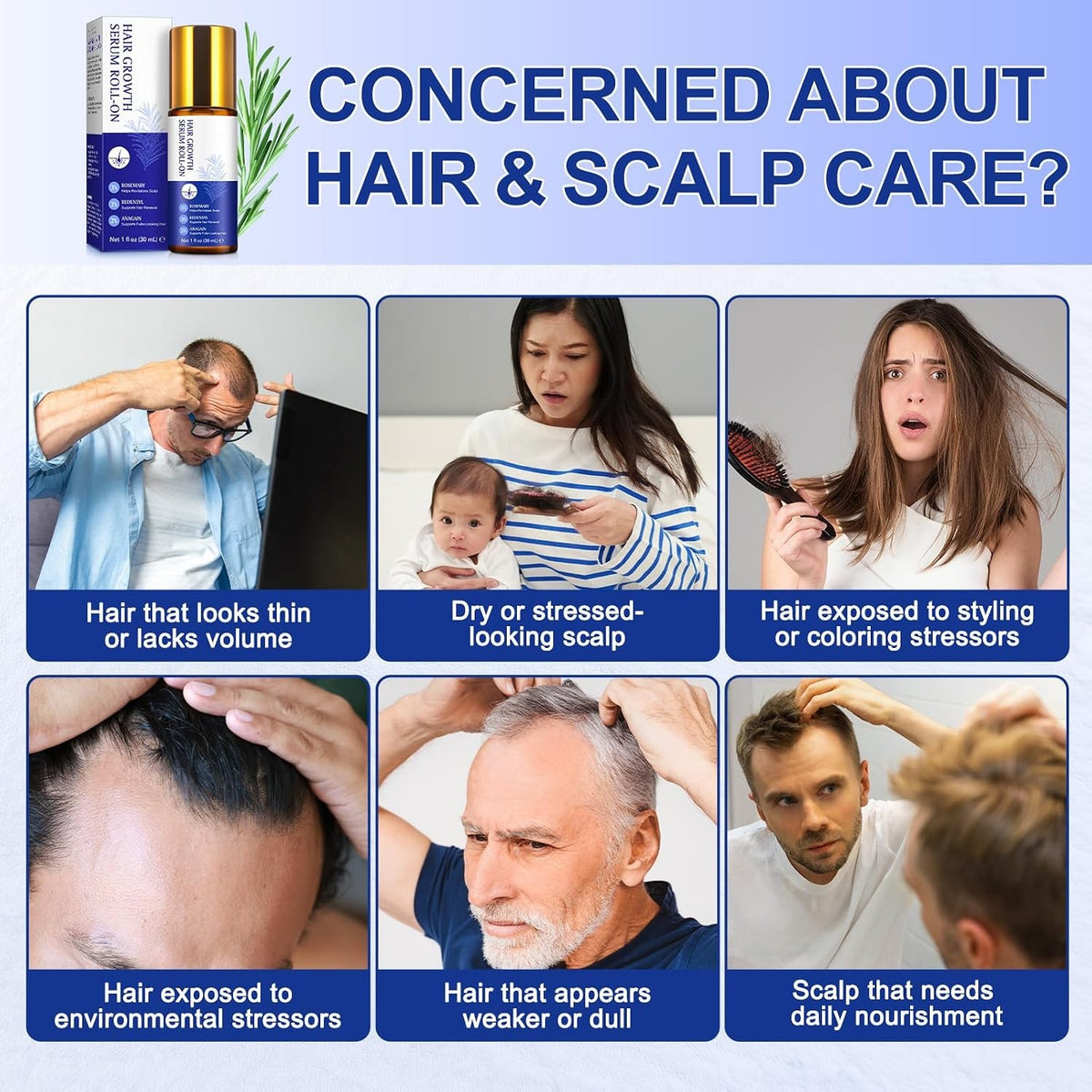 Hair Growth Serum Roll On, 30ml Oil with 3% Rosemary, Redensyl, 2