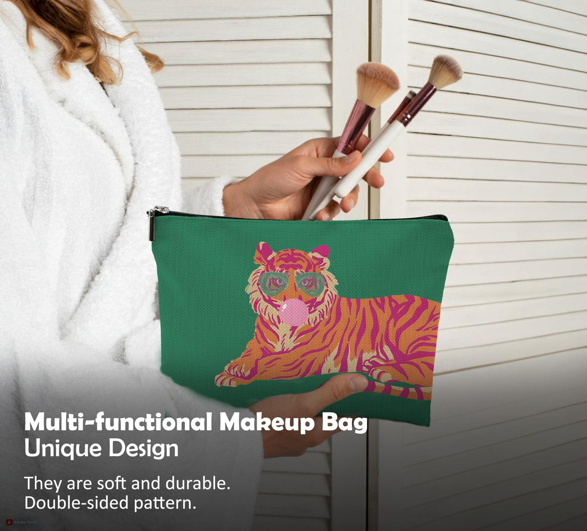 Trendy Preppy Pink and Orange Tiger Makeup Bag - Compact Cosmetic Organizer