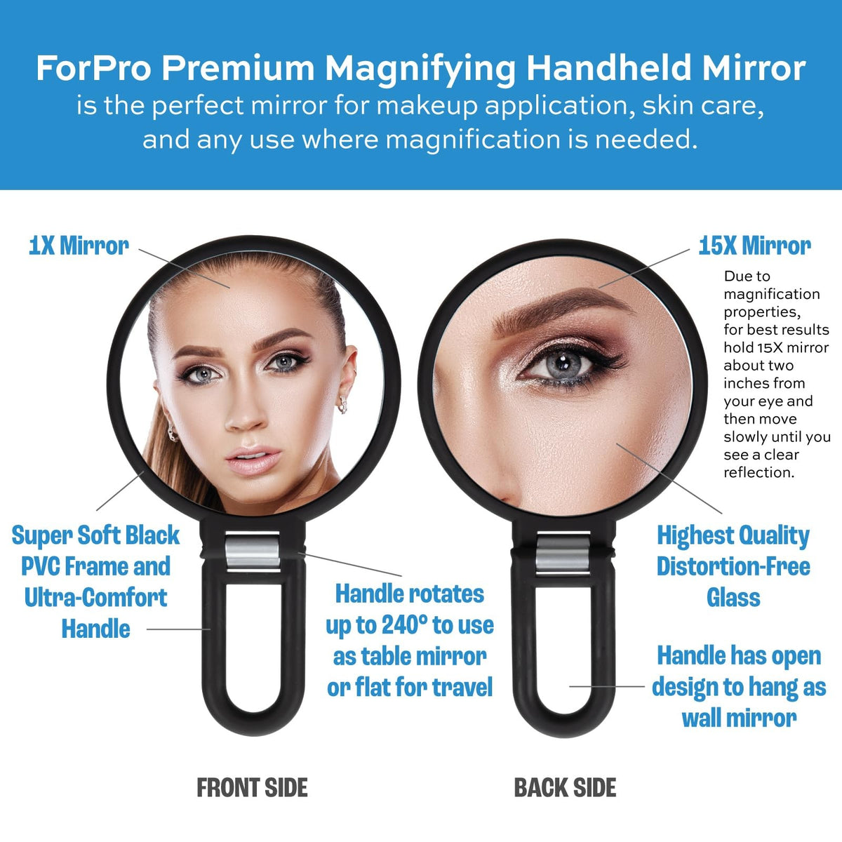 Magnifying Handheld Mirror 1X/15X with Folding Travel Design