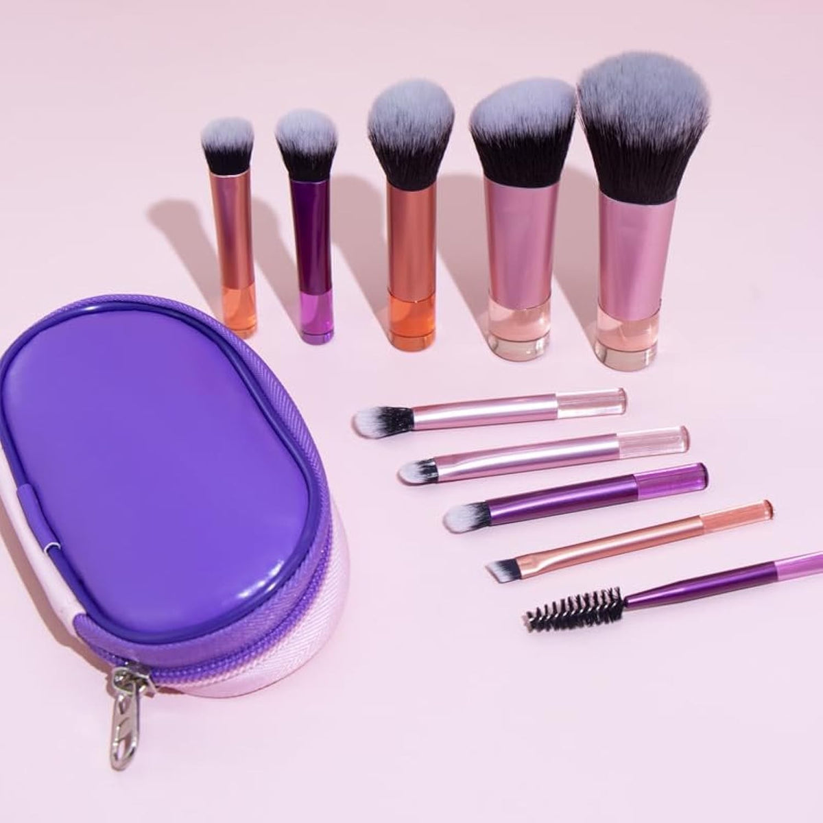 Portable 10-Piece Makeup Brush Set with Colorful Pouch - Travel Friendly