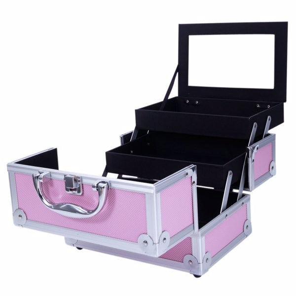 Pink Aluminum Makeup Train Case with Mirror, 9x6x6 in - Jewelry Organizer SM-2176