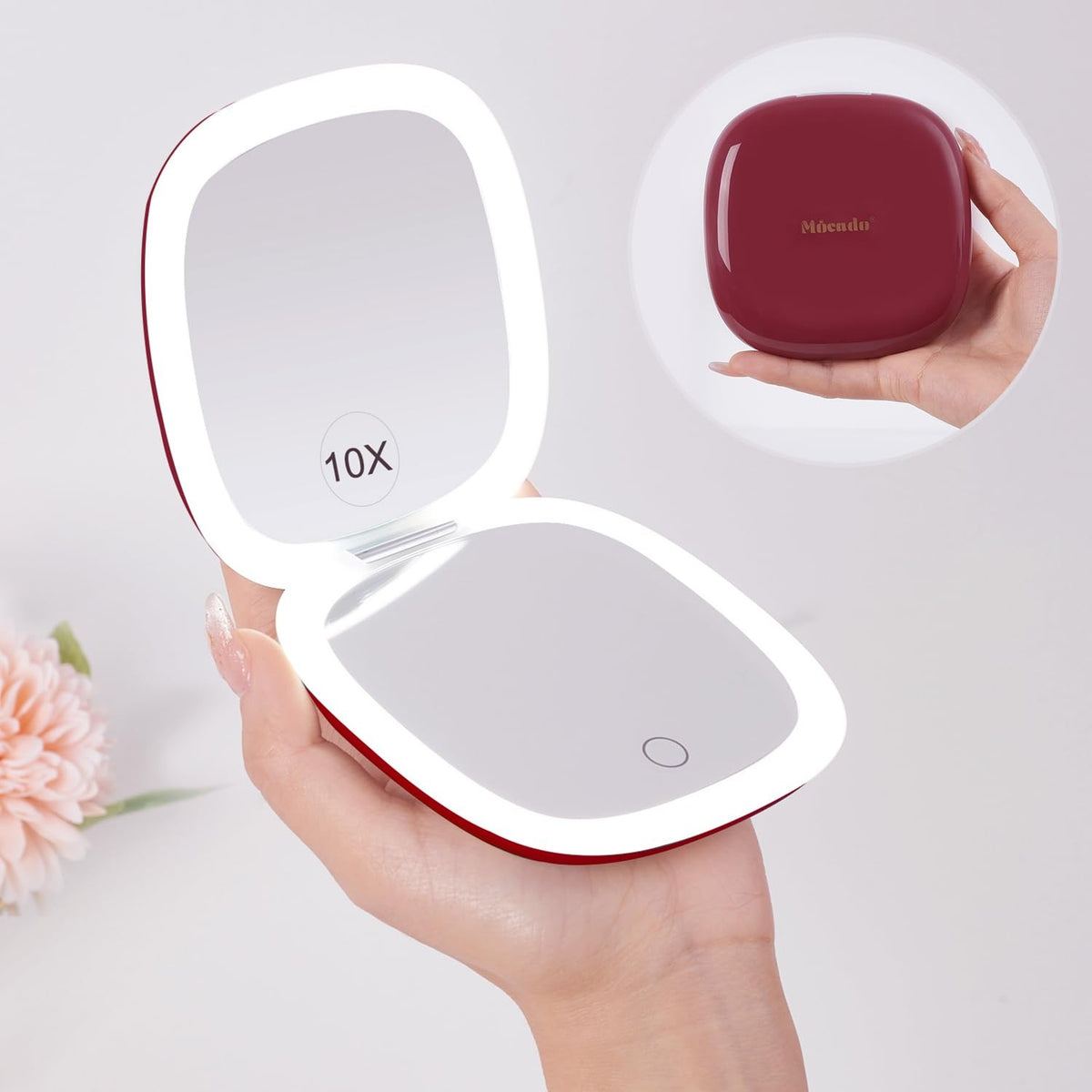 LED Travel Makeup Mirror with 1X/10X Magnification, USB Rechargeable, Compact Wine Red