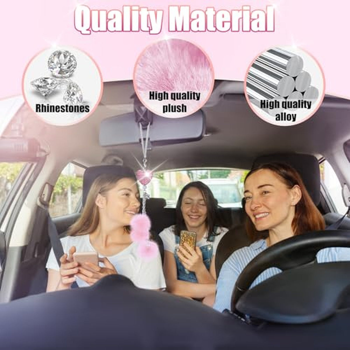 Bling Car Mirror Ornament with Pink Heart and Plush Balls - Car Interior Decor