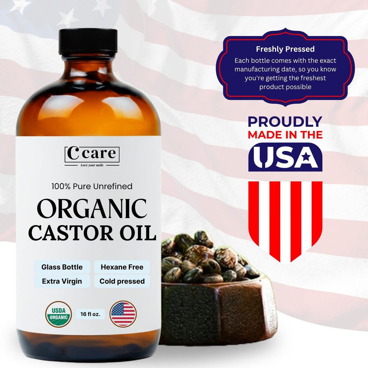 Organic Cold Pressed Castor Oil 16oz - Pure Moisturizing Hair and Skin Oil
