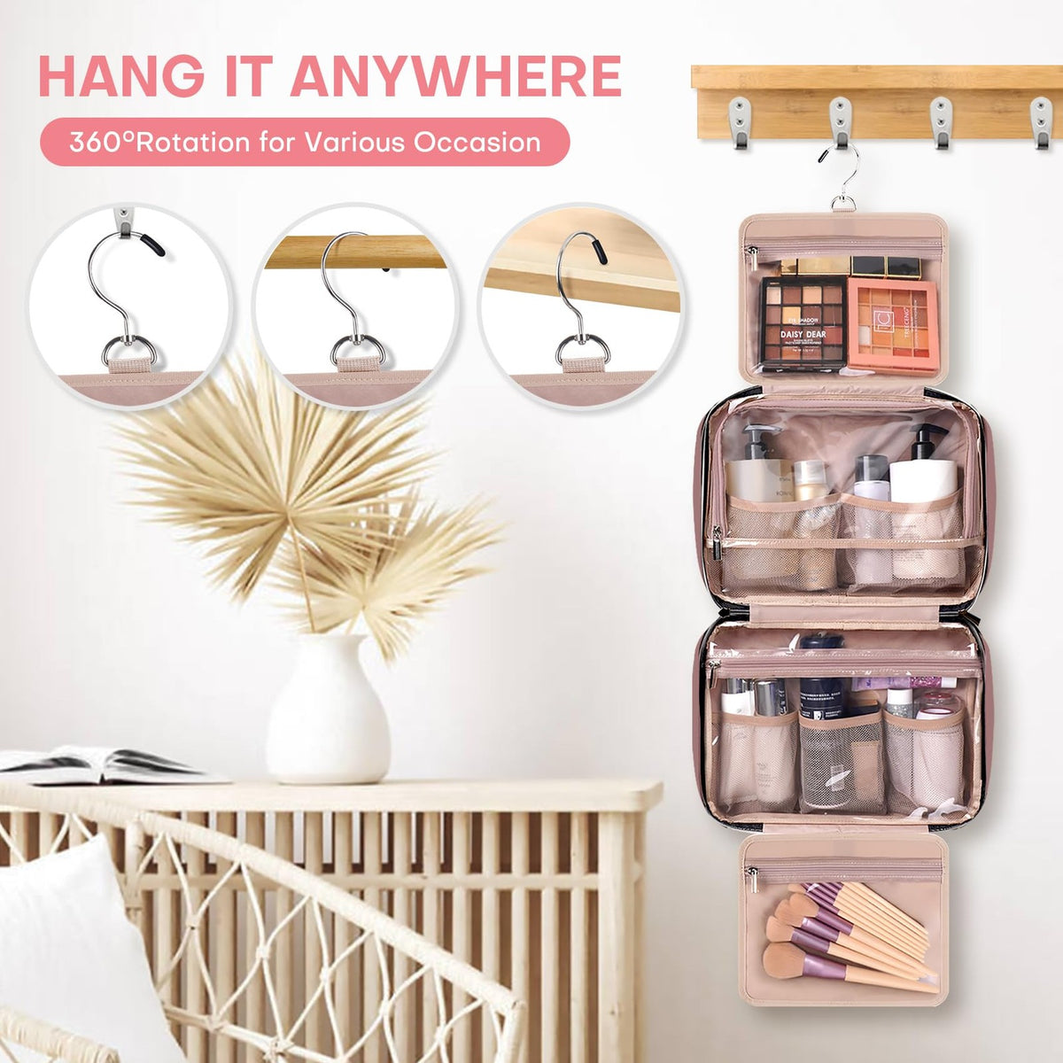 Women’s Travel Toiletry Bag with Hanging Hook Water-Resistant Makeup Organizer