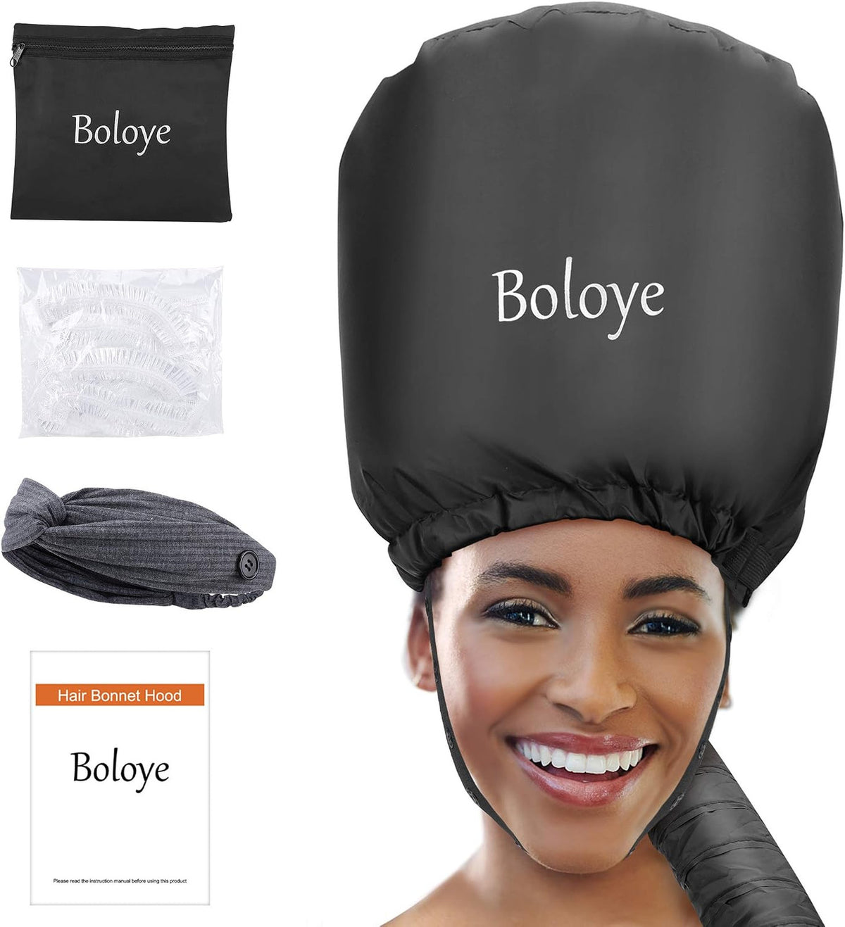 Hooded Hair Dryer Cap XL 28.5 Inch Universal Black for Thick Curly Hair