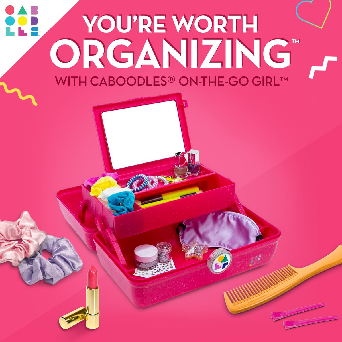 Travel Makeup Organizer Case with Mirror & Secure Latch - Deep Pink Sparkle