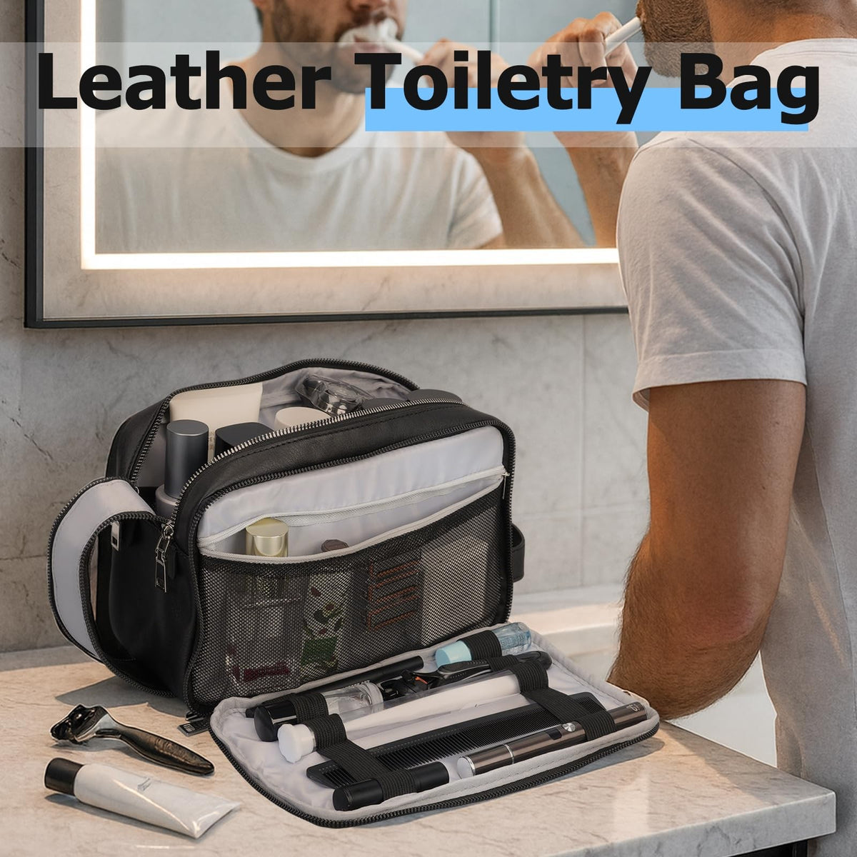 Travel Toiletry Bag for Men Leather Water-Resistant Dopp Kit Black