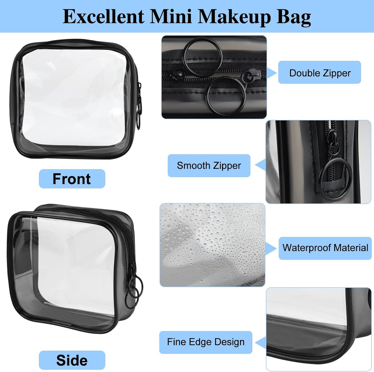 Small Clear Travel Toiletry Bag with Zipper TSA Approved Waterproof Makeup Organizer - Black