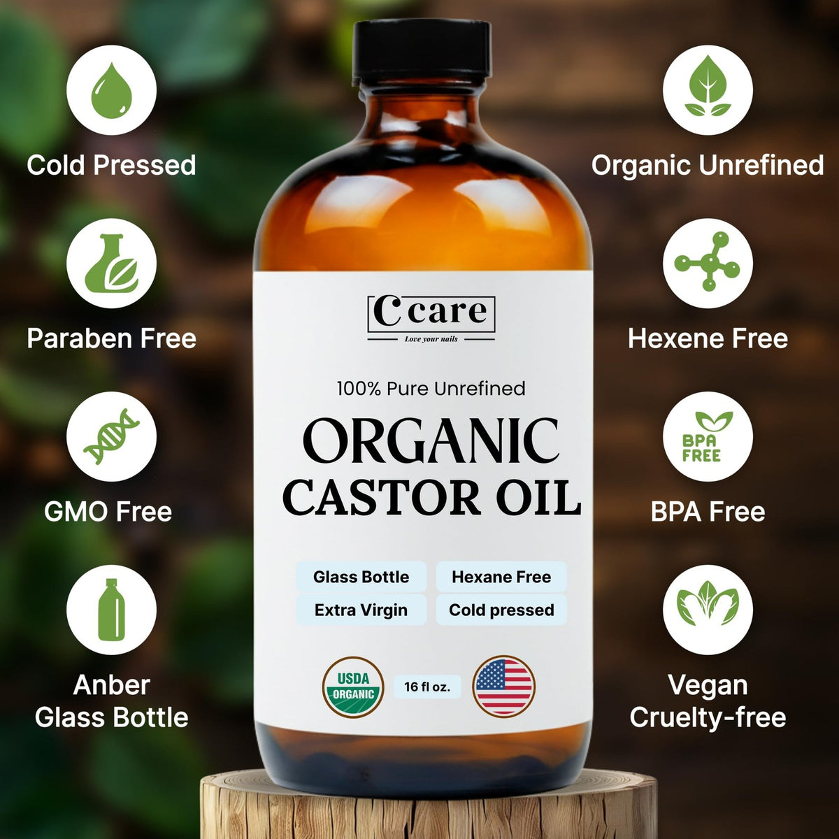 Organic Cold Pressed Castor Oil 16oz - Pure Moisturizing Hair and Skin Oil
