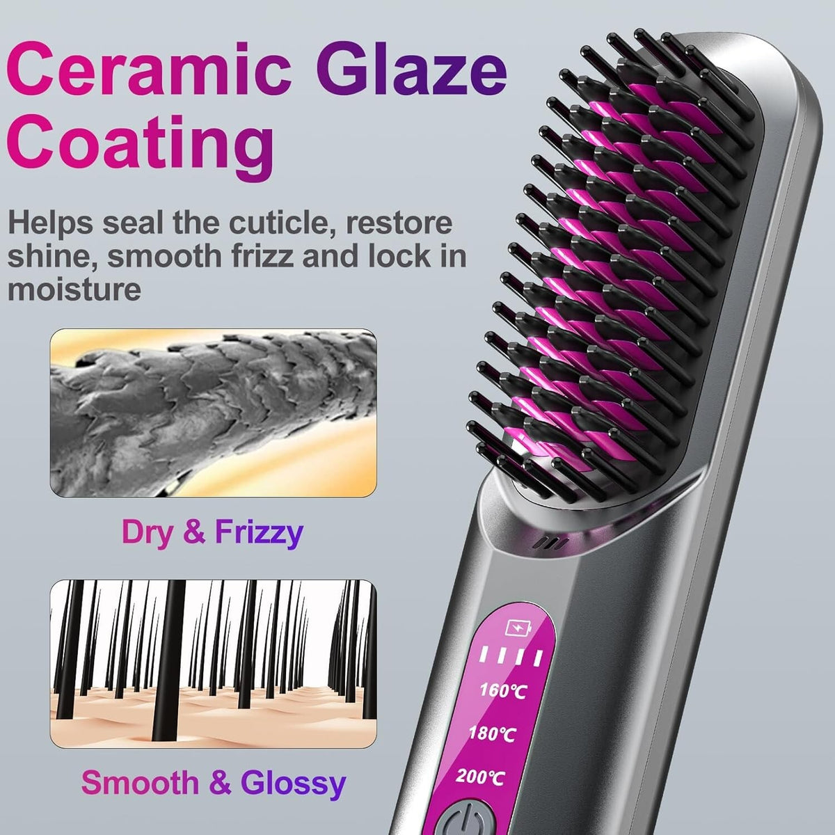 Cordless Hair Straightening Brush with Ion Care - 3 Temp Ceramic Glow