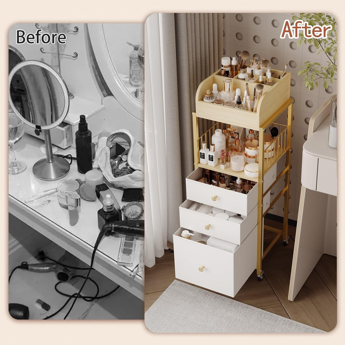 Gold Makeup Organizer Cart with 3 Drawers & Open Shelves for Vanity Storage