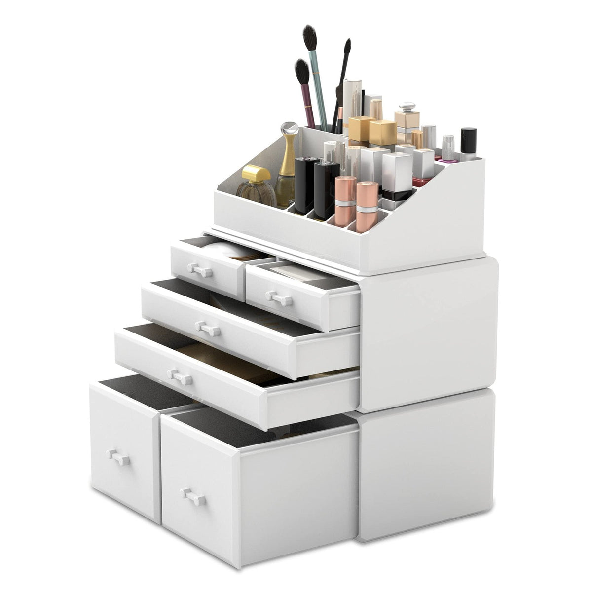 White Makeup Organizer with 6 Drawers and Compartments - 3-Piece Storage Case
