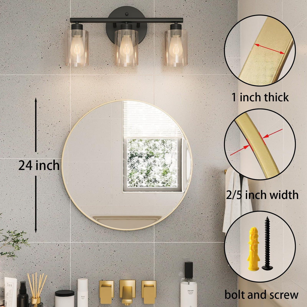 24 Inch Gold Round Wall Mirror - Modern Metal Bathroom & Living Room Decor