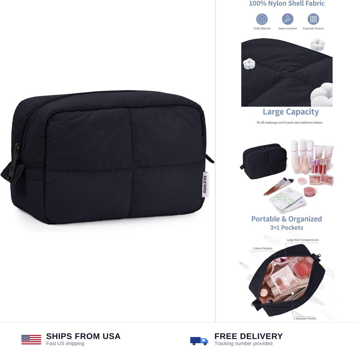 Travel Makeup Bag for Women and Girls, Quilted Cosmetic Organizer, Water-Resistant Puffer Bag