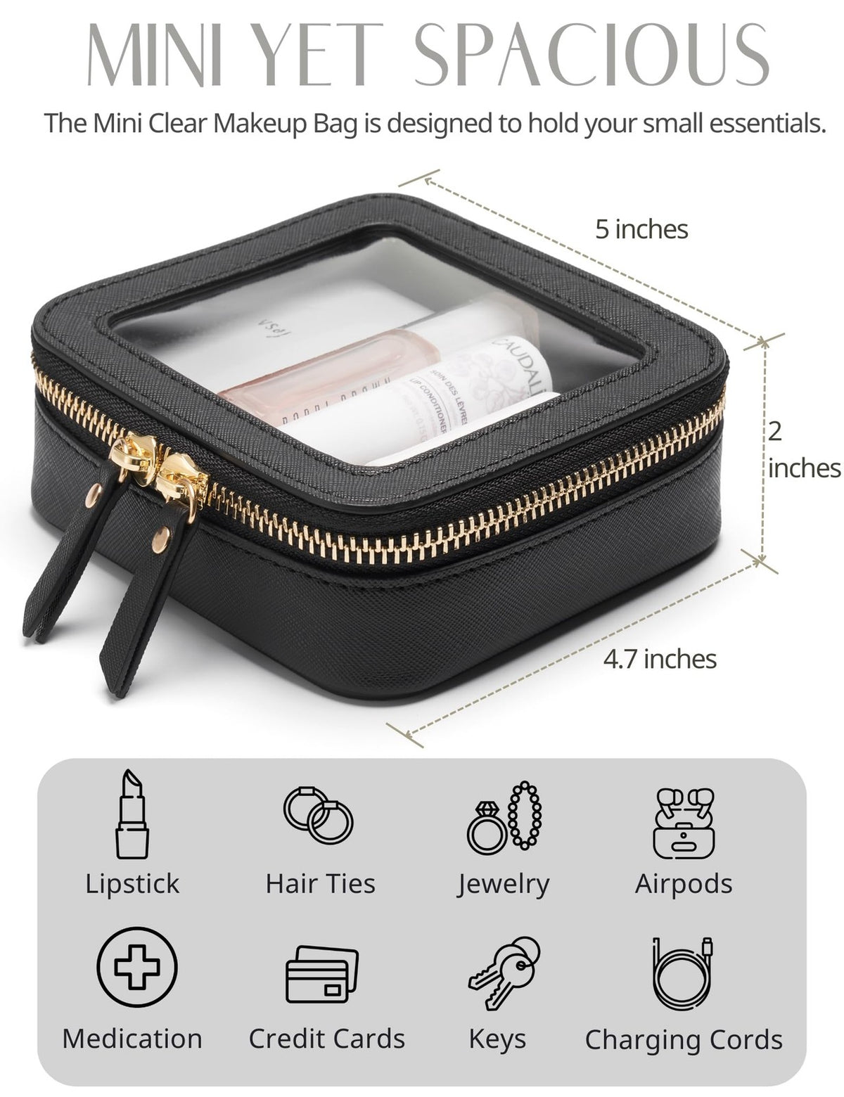 Mini Clear Black Makeup Bag - Compact Cosmetic Organizer for Travel & Daily Use