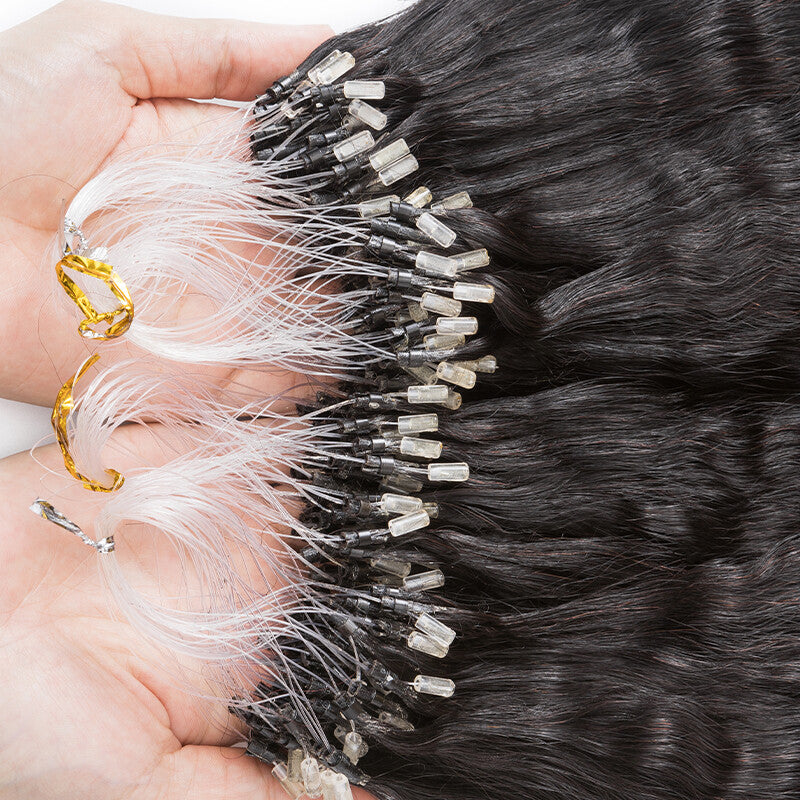 200PCS Micro Link Hair Extensions Human Hair Kinky Straight Yaki Loop Rings