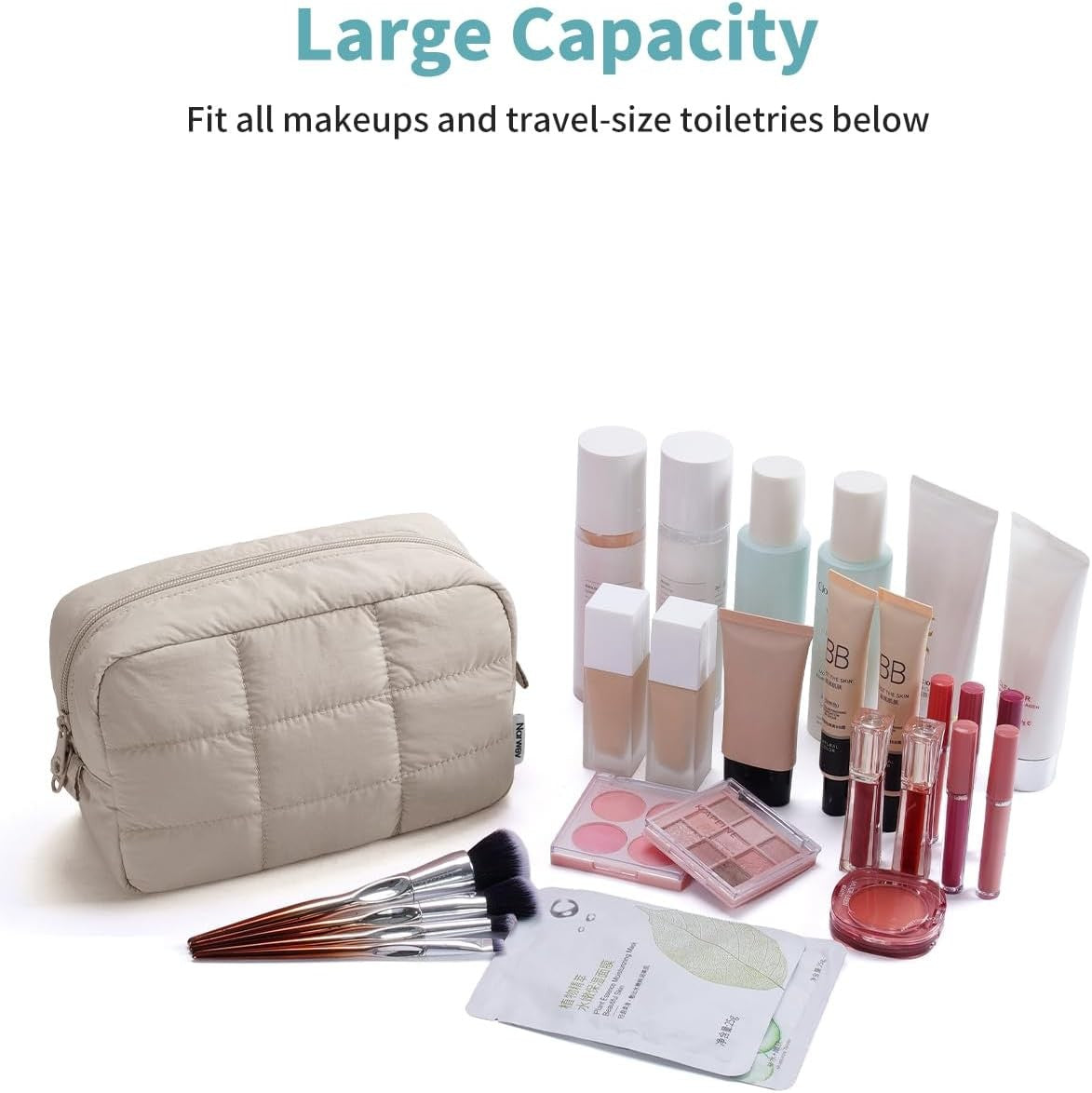 Quilted Makeup Bag for Women Travel Cosmetic Organizer Puffer Pouch Khaki