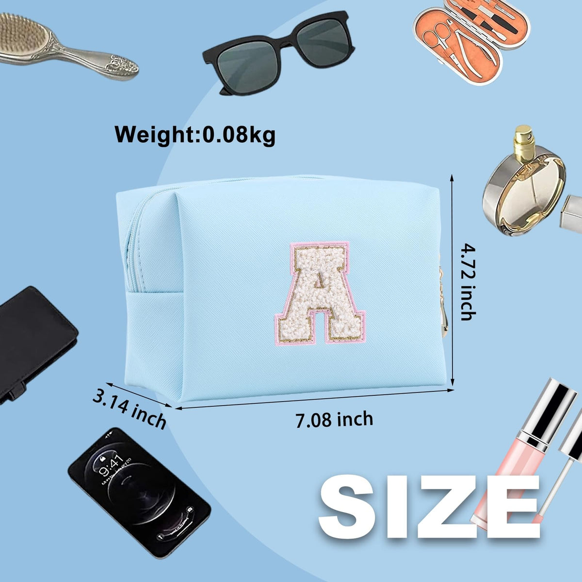 Personalized Preppy Patch Makeup Bag - Waterproof PU, Azure-Pink