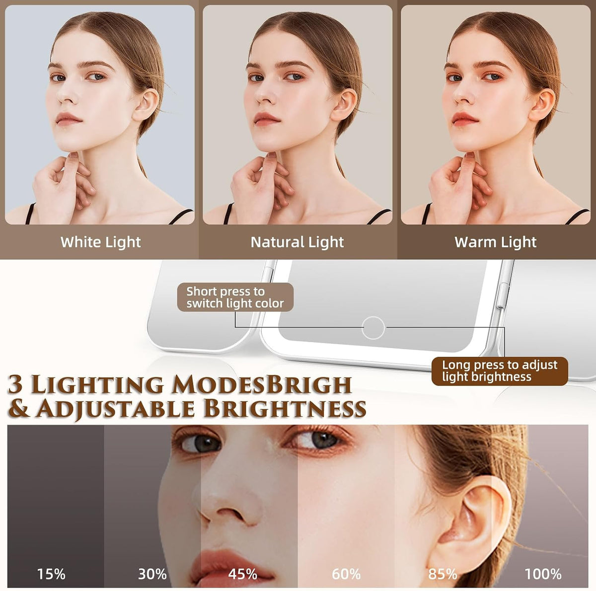Tri-Fold Lighted Makeup Mirror with Magnification - Portable Dimmable Vanity
