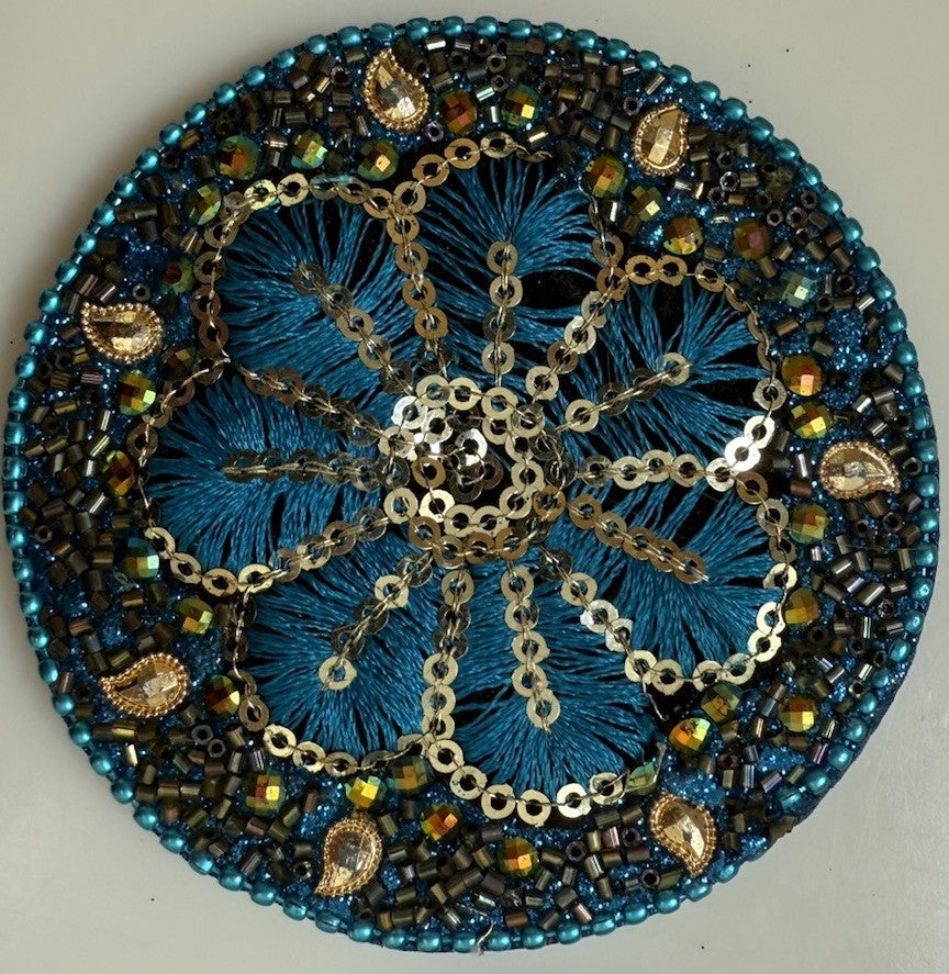Vintage Beaded Compact Mirror with Teal Beads and Pouch