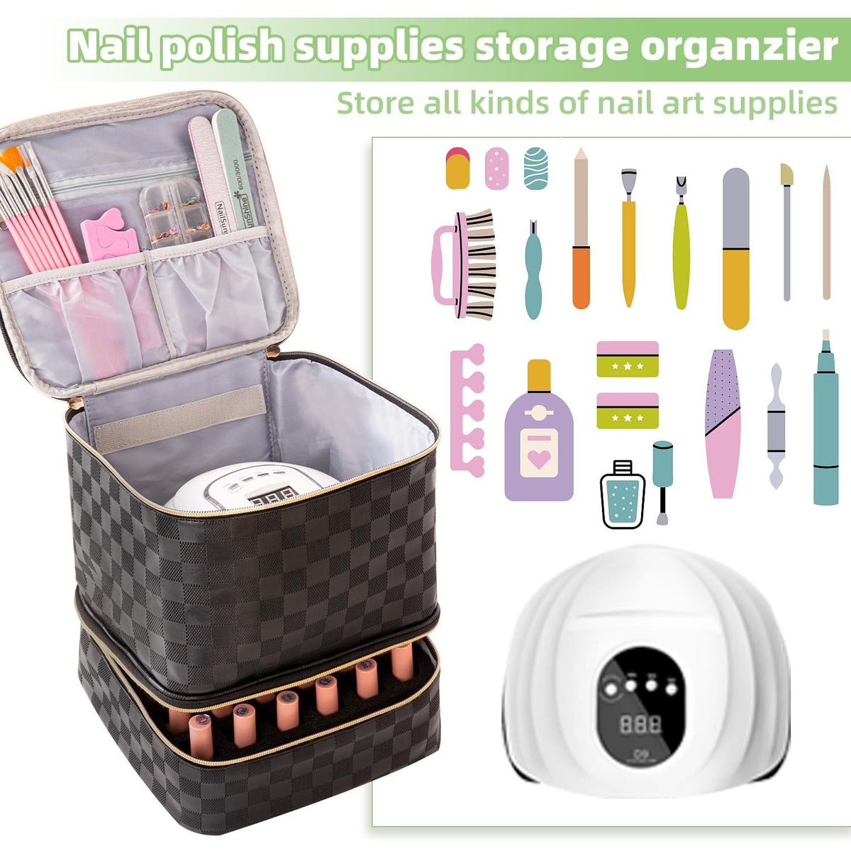 Checkered Black Nail Polish Organizer Bag 15ml Holds 30 Bottles Travel Case