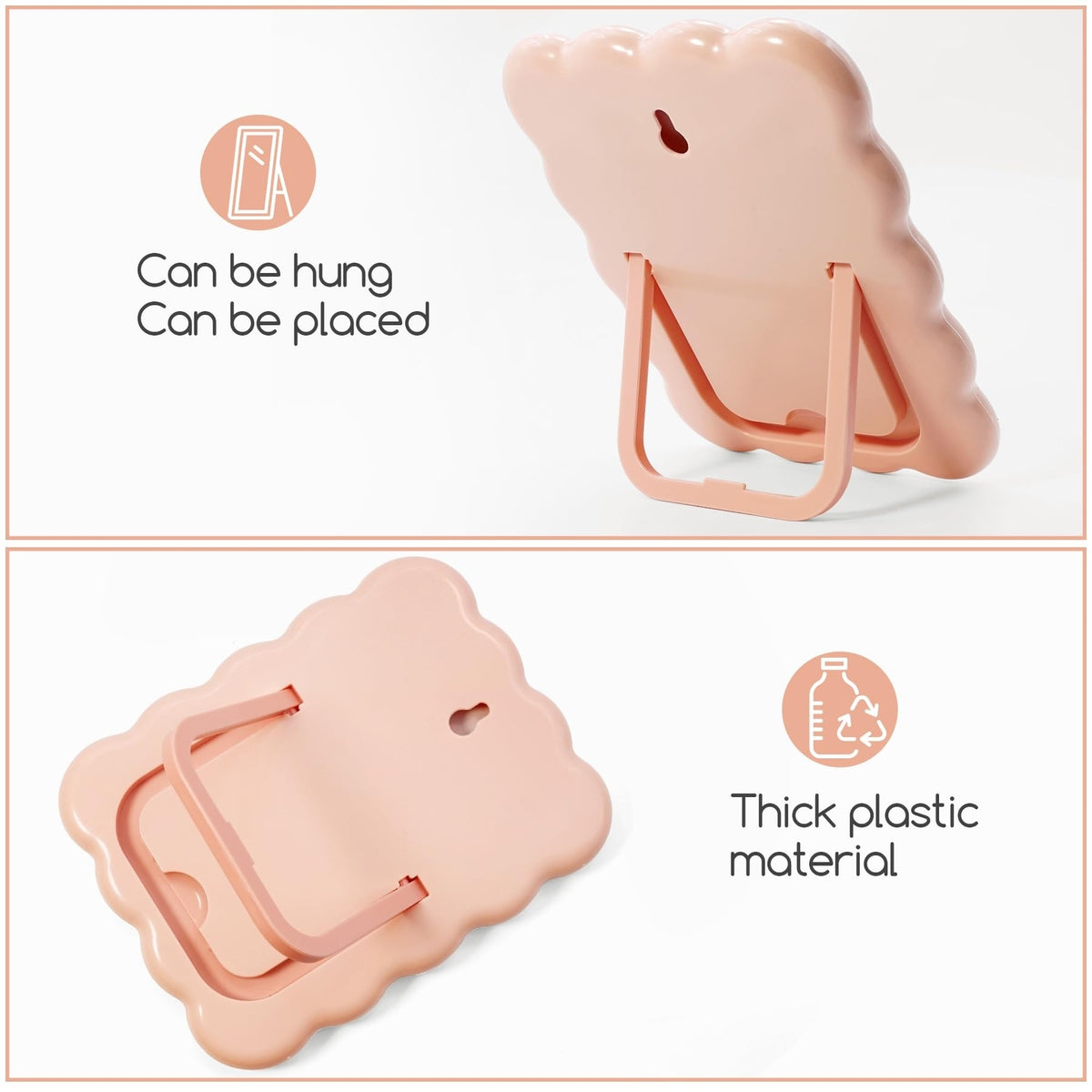 Wave-Shaped Desk Vanity Mirror - Portable Foldable Tabletop Makeup Mirror, Pink