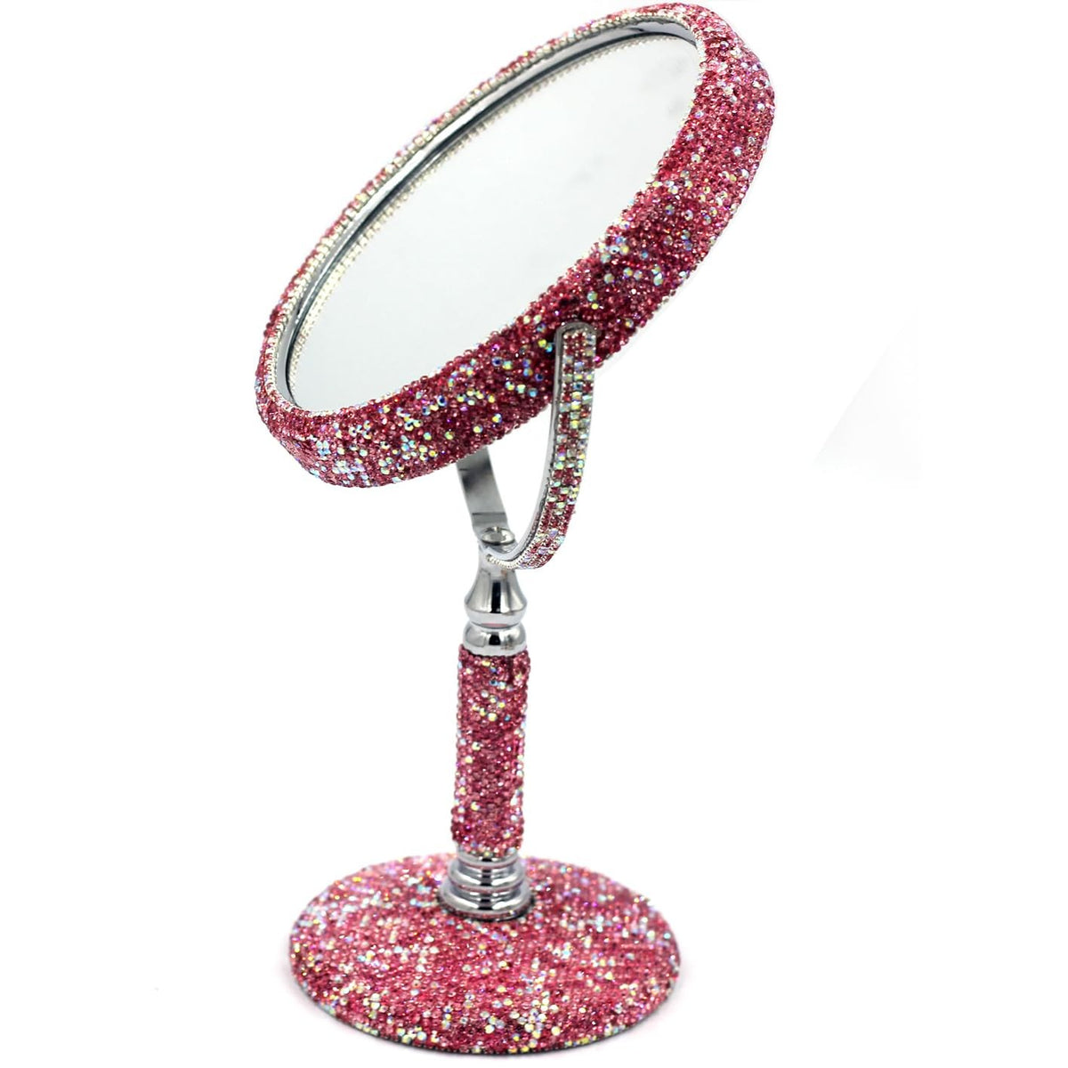 Pink Double-Sided Makeup Mirror with Rhinestones - 2X Magnification & Rotating