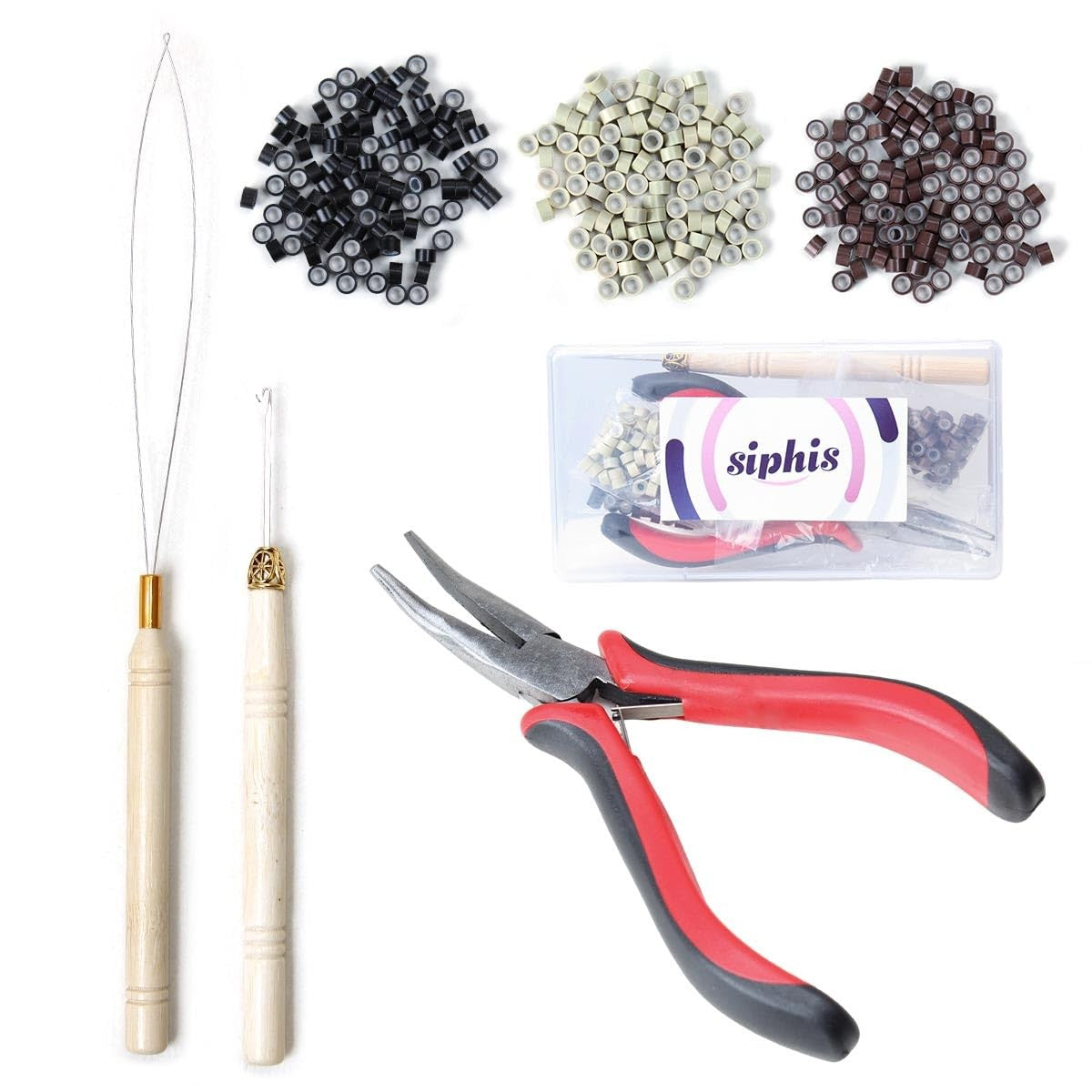 Hair Extension Tools Kit, 300 Silicone Beads, Basic 3 color