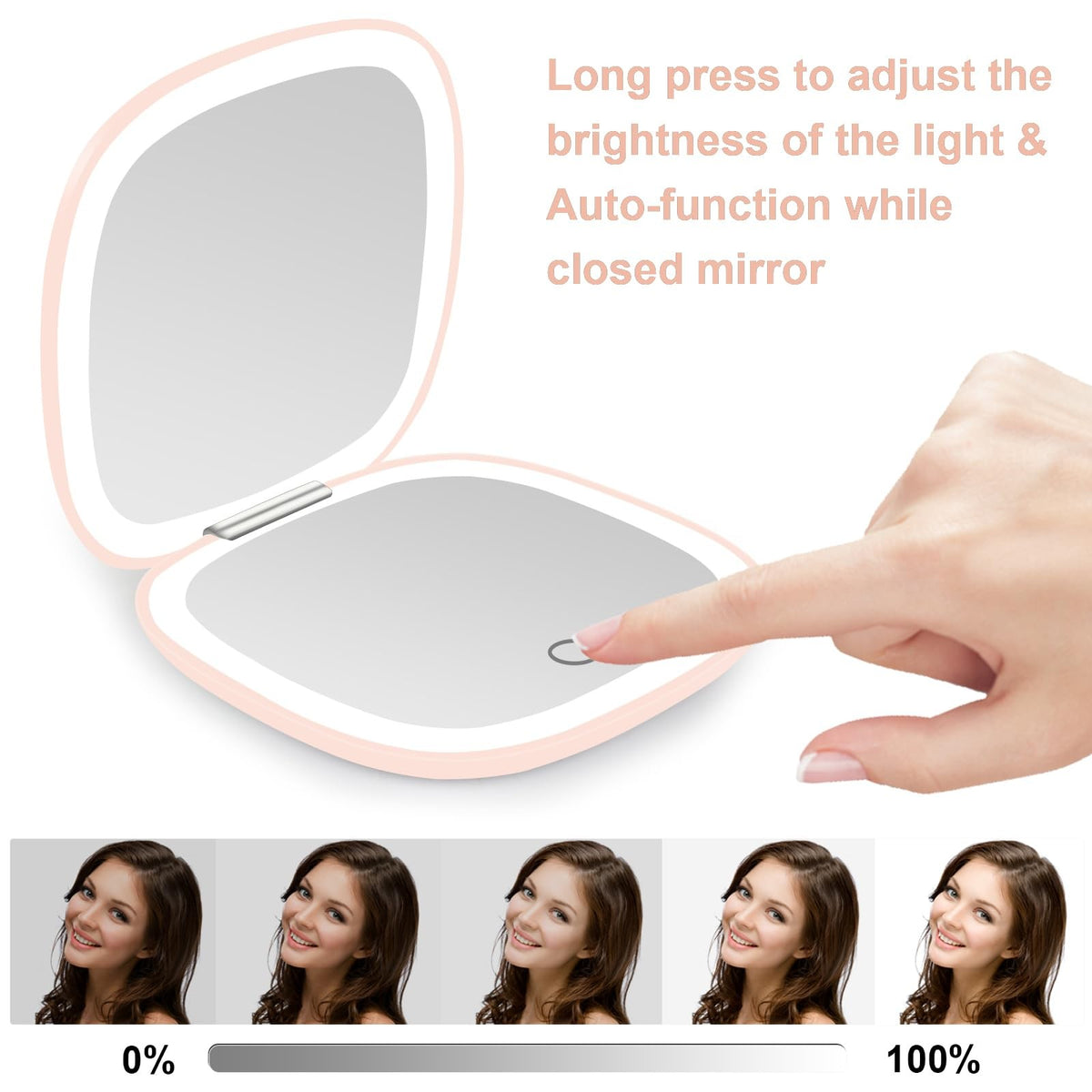 Lighted Travel Makeup Mirror with 1X/10X Magnification, Dimmable Double-Sided Pink